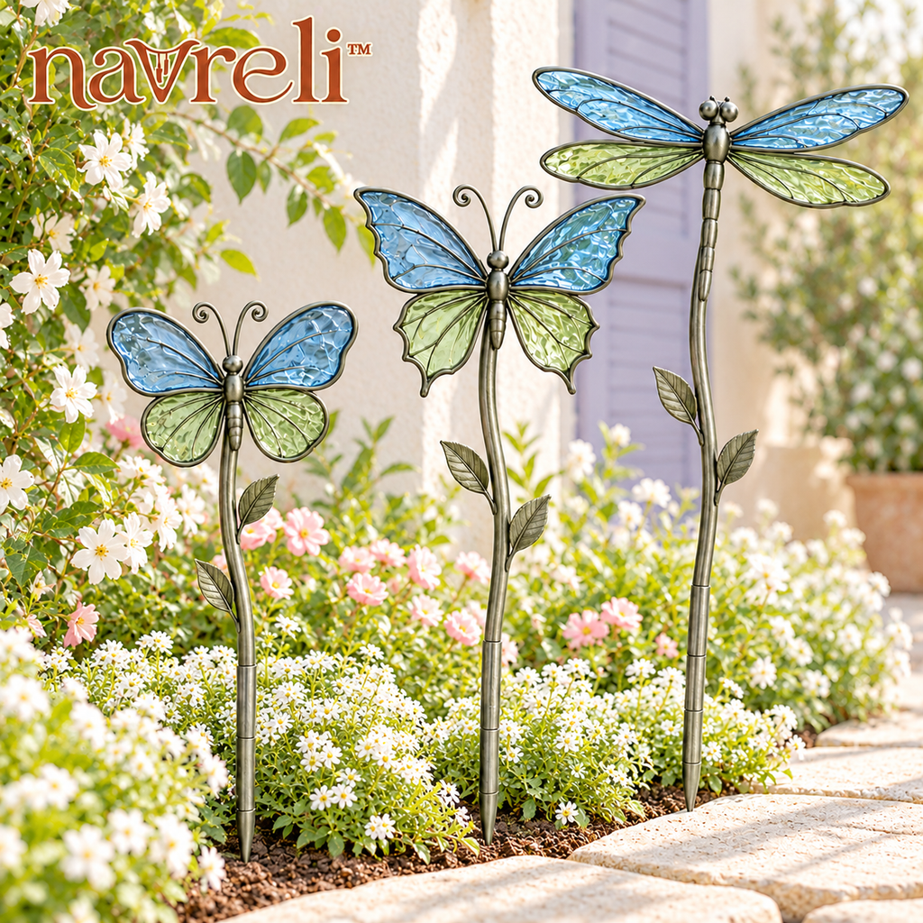 navreli™ Wing & Leaf Metal Garden Stakes with Colored Glass Insets, Set of 3 Butterfly & Dragonfly Yard Decorations