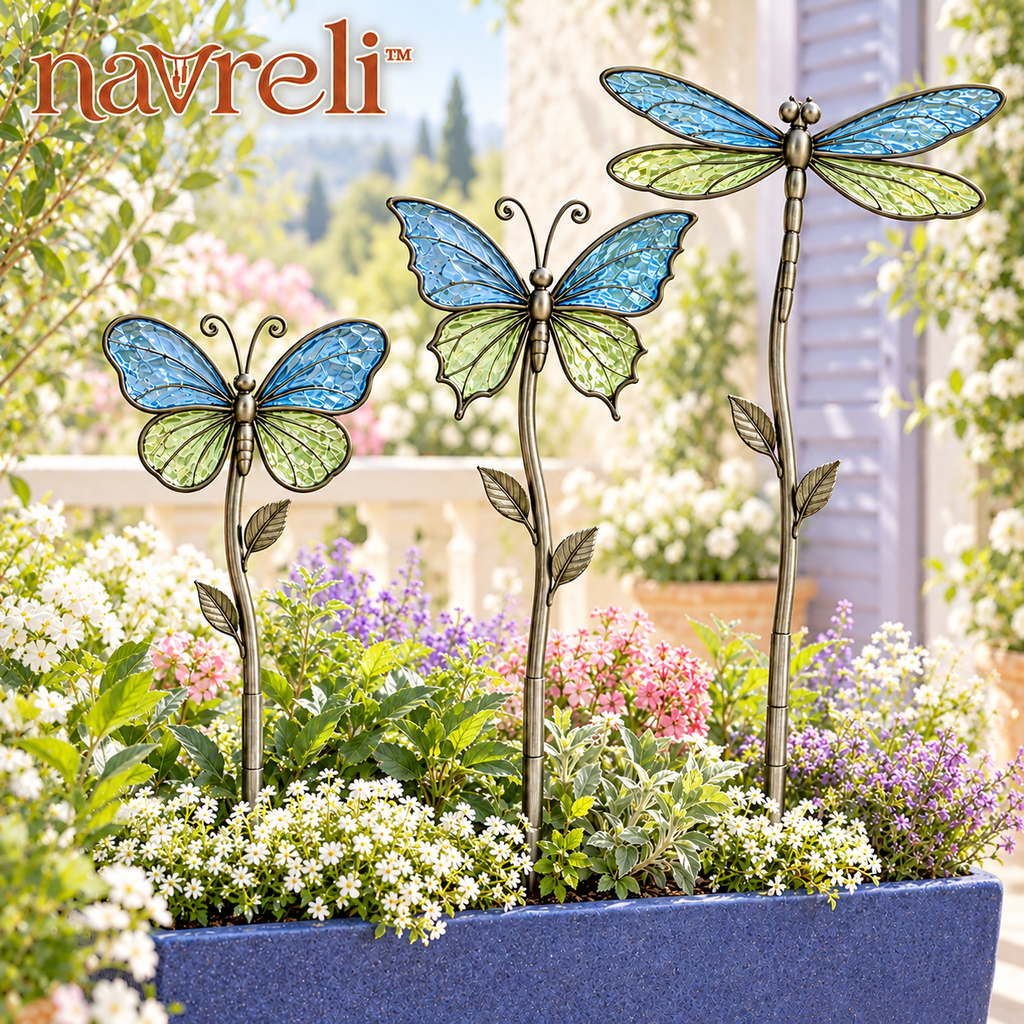 navreli™ Wing & Leaf Metal Garden Stakes with Colored Glass Insets, Set of 3 Butterfly & Dragonfly Yard Decorations