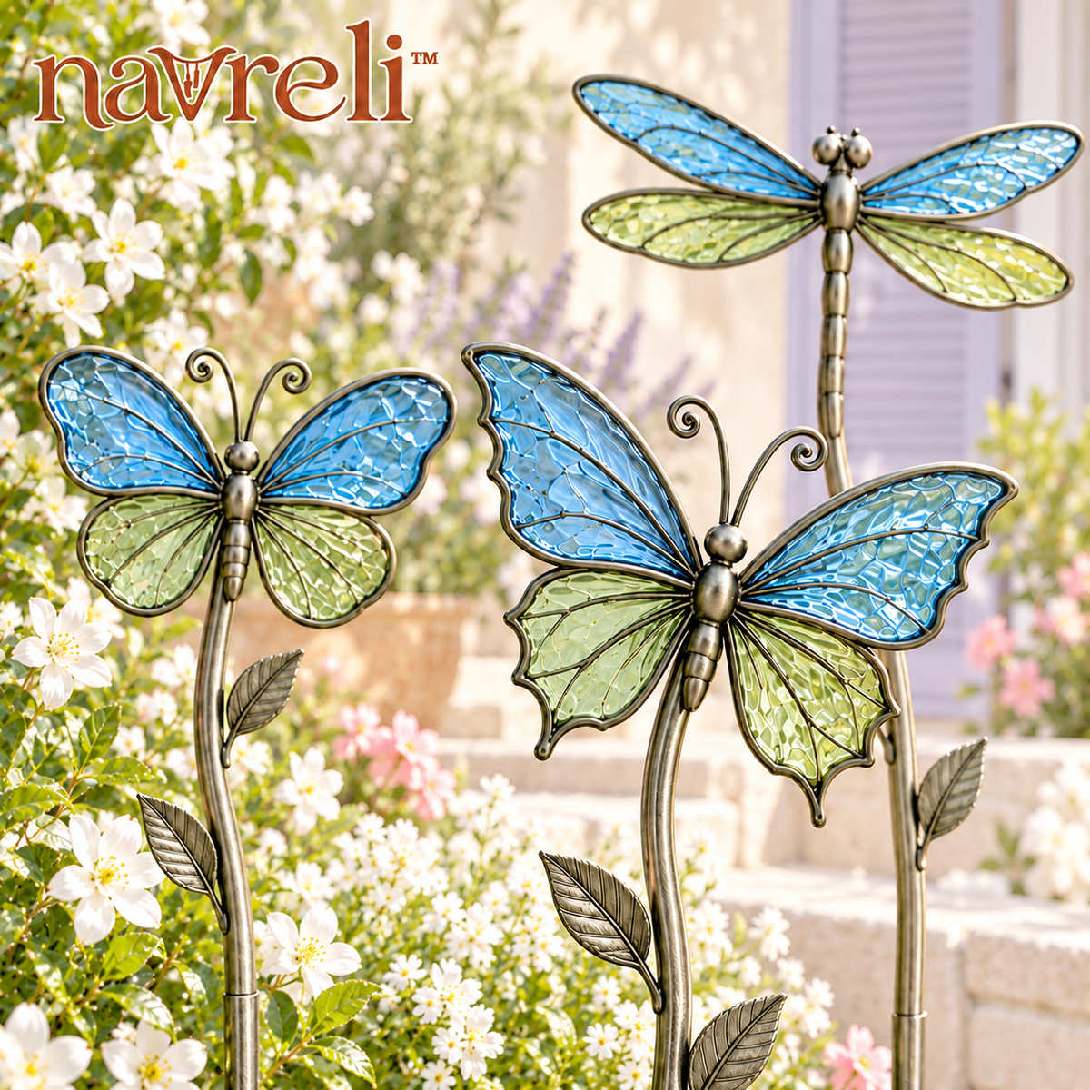 navreli™ Wing & Leaf Metal Garden Stakes with Colored Glass Insets, Set of 3 Butterfly & Dragonfly Yard Decorations