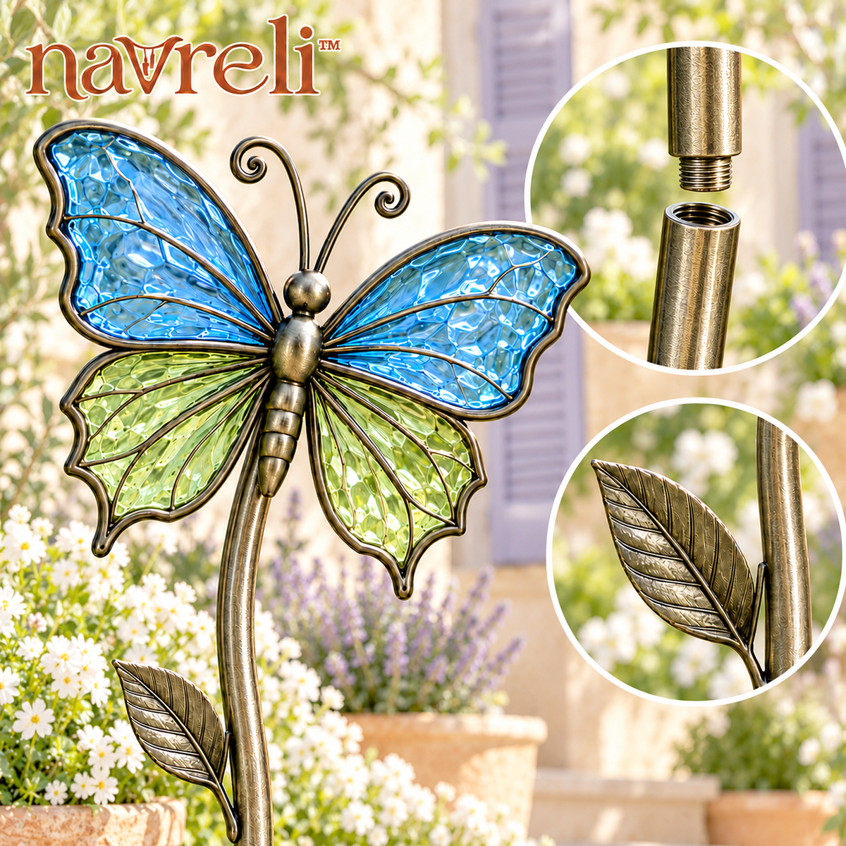 navreli™ Wing & Leaf Metal Garden Stakes with Colored Glass Insets, Set of 3 Butterfly & Dragonfly Yard Decorations