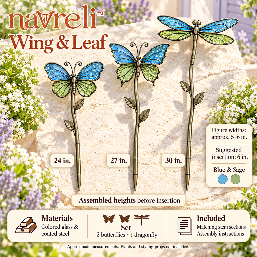 navreli™ Wing & Leaf Metal Garden Stakes with Colored Glass Insets, Set of 3 Butterfly & Dragonfly Yard Decorations